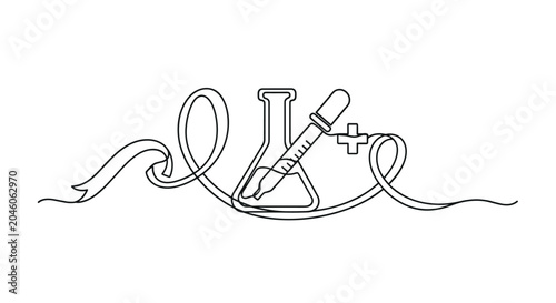 Bild auf Leinwand Artistic continuous line depiction of a chemistry beaker with a pipette dispensing fluid entwined with a flowing ribbon representing scientific research and discovery