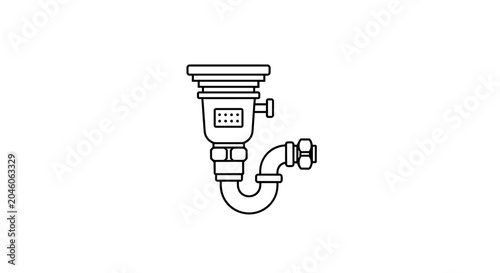 Detailed line art depiction of a plumbing trap assembly designed to prevent sewer gas escape featuring essential components like a U-bend and connector fittings for efficient waste water drainage and 