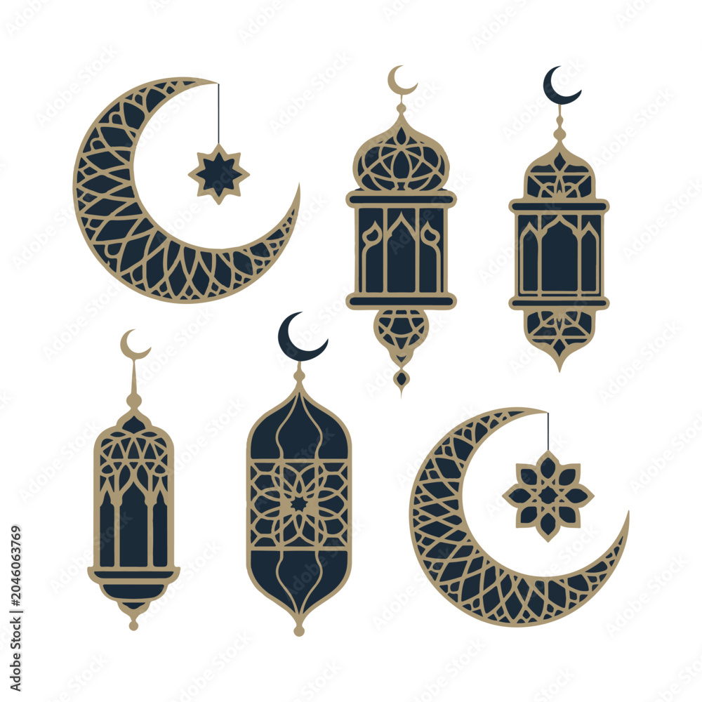 Fototapeta premium Islamic decorative elements with crescent moons and lanterns Keywords: Islamic, Ramadan, Eid