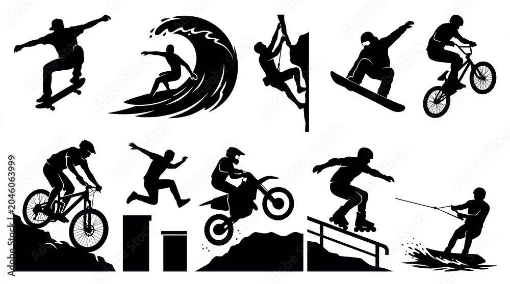 Naklejka premium Extreme Sport Silhouette Vector Collection With Skateboard Surfing Climbing Snowboard BMX Mountain Bike Motocross And Kitesurf Isolated On White Background