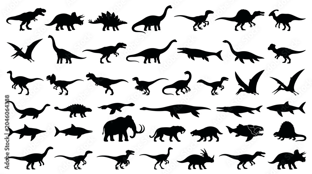 Fototapeta premium Dinosaur Silhouette Vector Collection With Prehistoric Reptile Species Jurassic Creatures Pterosaurs Marine Animals Isolated On White Background