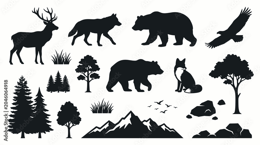 Obraz premium Vector illustration set of wild nature and forest wildlife silhouettes, minimalist black icons of generic outdoor landscapes, trees, rocks, and wild animals isolated on a white background.