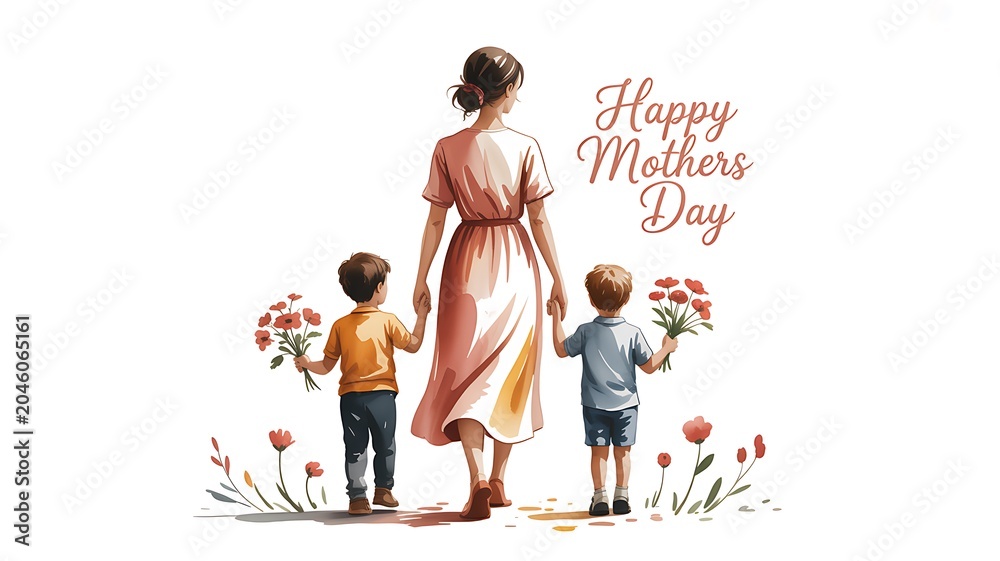 Obraz premium Mom holds hands with two happy boys presenting red flowers on a bright white background