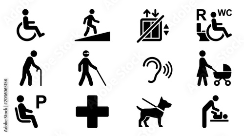 Vector illustration set of public accessibility signs, minimalist black icons of generic disability support, wayfinding symbols, and healthcare or medical information pictograms isolated on a white ba