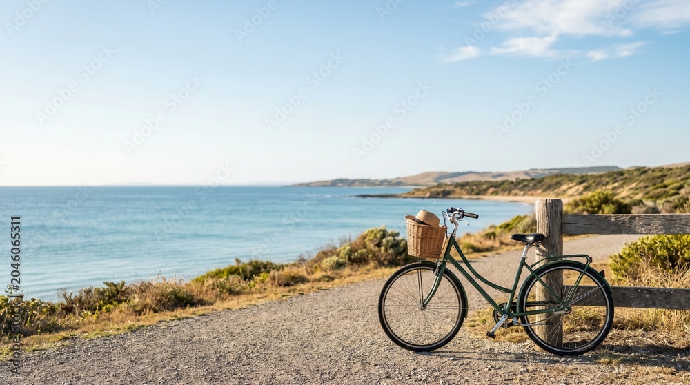 Fototapeta premium Bicycle Parked on Scenic Coastal Road with Ocean View Summer Travel