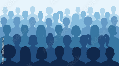Vector illustration crowd of people silhouettes pattern in blue gradient, multiethnic diverse community group standing together, concept of population growth, society representation and social demogra