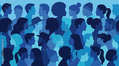 Seamless vector pattern of diverse people silhouettes in side profile view, multiethnic crowd of men and women flat illustration in blue tones for community background
