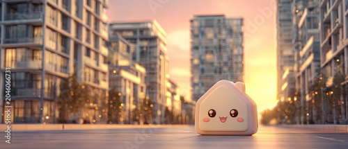 Adorable cartoon house with a smiling face on a city street at sunset, surrounded by modern apartment buildings, glowing lights, and a warm, inviting atmosphere.