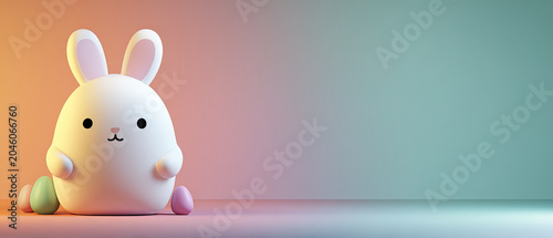Adorable white bunny toy with pastel colored Easter eggs on a gradient background, perfect for children’s themes, celebrations, and spring designs.