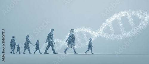 Silhouettes of a family walking in a line with abstract DNA strand in background, symbolizing genetics, evolution, and generational continuity.