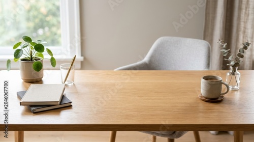 Desk with clean copy space in a bright neutral setting, versatile display mockup for branding, advertising and stock layouts, simple tabletop composition with soft depth and a modern minimal