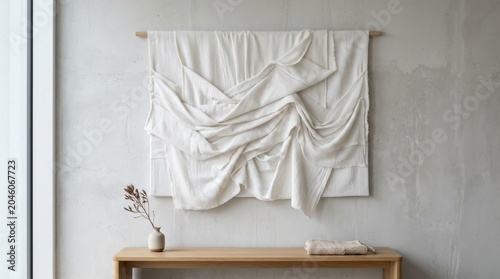 White textile artwork with layered fabric texture and minimalist folds, elegant abstract material background, soft woven surface, design concept, clean monochrome composition, subtle shadows, luxury