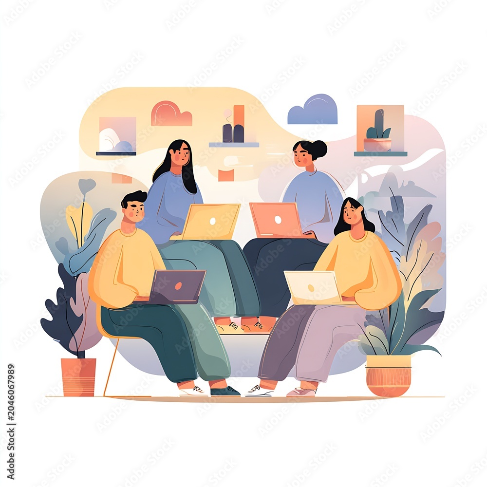 Fototapeta premium Four people working together on laptops in a cozy modern coworking space, flat style illustration
