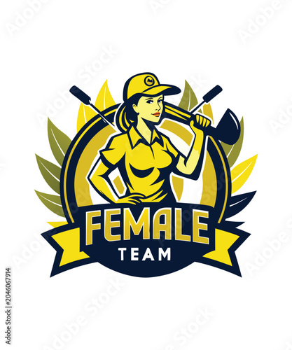 Green Silhouette Female Golf Player Emblem With Club On White Background.