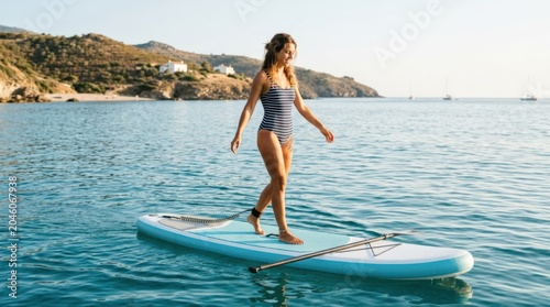 Young woman walking on stand up paddle SUP boards by the sea during summer vacation, active ocean lifestyle with balance, freedom, summer fitness and coastal travel atmosphere on calm blue water, soft
