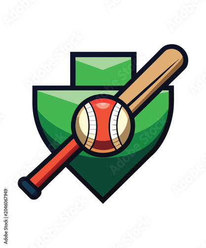 Cricket Sports Logo Emblem Featuring Crossed Bats Ball Shield And Green Ribbon.