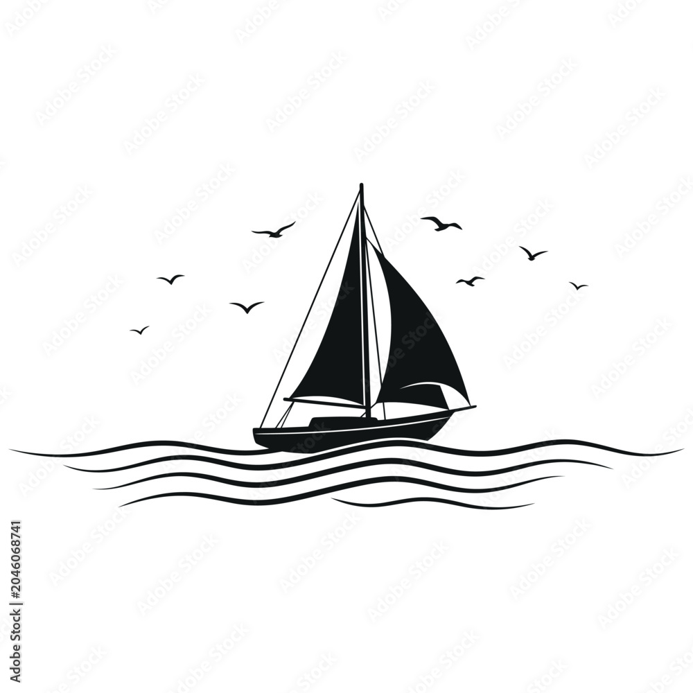 Fototapeta premium Minimalist Sailboat Silhouette Gliding on Ocean Waves, Black and White Nautical Yacht Scene with Flying Seagulls, World Oceans Day
