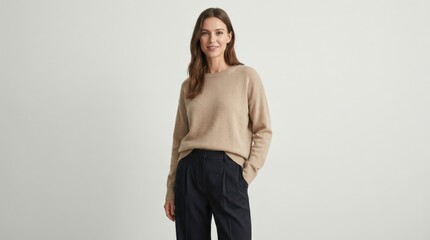Model posing with casual elegance in studio setting, polished fashion portrait for retail, editorial and modern style themes, clean backdrop, poised stance, refined styling, soft controlled light,