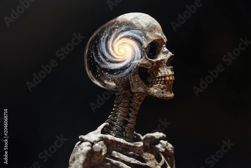 Skeletal figure with a glass like skull gazes into a cosmic void of stars