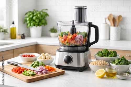 Fresh vegetables get chopped in a food processor on a kitchen counter with natural light