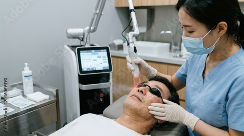 Mature Korean man undergoing facial laser skincare treatment in a modern clinic, advanced anti-aging and rejuvenation concept with professional aesthetic technology and calm medical atmosphere, soft