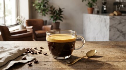 A glass cup of rich espresso with a golden spoon, refined cafe still life for beverage, hospitality and morning ritual themes, warm crema, elegant styling, inviting atmosphere, soft natural light,