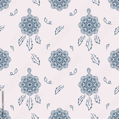 Mandala dreamcatcher seamless pattern handdrawn ethnic blue