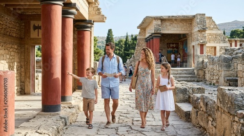 Tourist family exploring Knossos Palace in Crete, cultural travel with children, ancient ruins, summer sightseeing and educational family vacation in Greece, refined editorial style soft natural