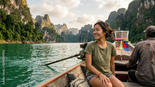 Traveler Asian woman on a Thai longtail boat at Ratchaprapha Dam, Khao Sok National Park, Thailand, scenic adventure travel and tropical destination concept for tourism campaigns and editorial