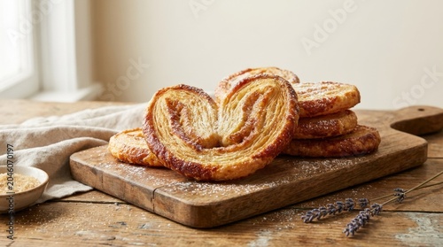 Freshly baked puff pastry palmiers, natural textures, soft light, realistic detail, premium editorial composition, clean background, shallow depth of field, authentic culinary scene, marketable food