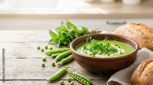 Pea and mint soup in a bowl with fresh green garnish, commercial food concept, fresh ingredients, appetizing recipe styling, natural composition, rustic food styling, soft natural light, shallow depth