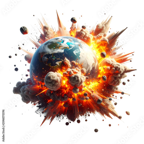 An artistic illustration of a burning world, with a world map on a glowing sphere.