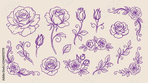 Cuadro en lienzo vintage floral rose flower pattern, romantic garden plant nature background, han