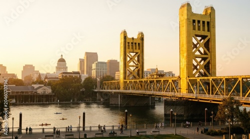 Sacramento California downtown historic Tower Bridge panorama, riverfront cityscape travel landmark architecture golden structure and capital city skyline, lifestyle detail, high resolution look, warm