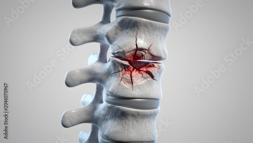 3D rendered spine with fracture damage and detailed vertebral anatomy
