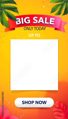 Big sale template displays a clean white central area framed by tropical leaves and a bold red discount ribbon.