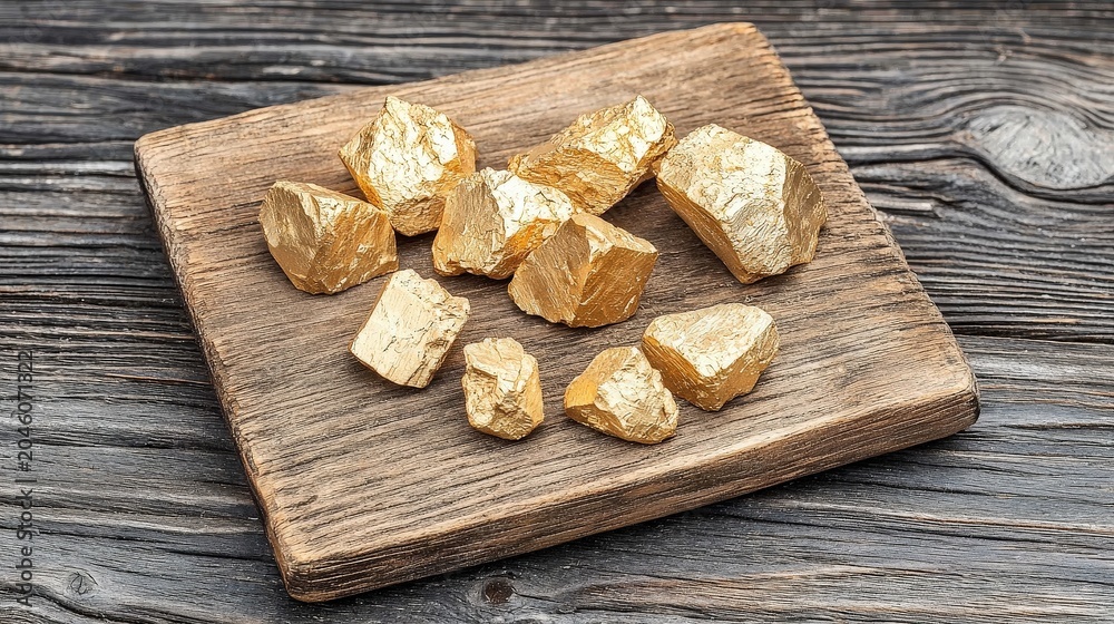 Fototapeta premium Golden Rocks on Wooden Platter Over Rustic Wooden Background