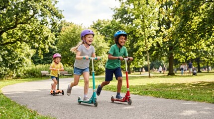 Children playing on scooters in park, outdoor childhood fun, active recreation, friendship, movement and sunny family lifestyle, neutral unbranded stock photo, clean composition, copy space, natural