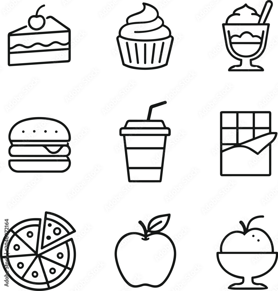 Fototapeta premium Black and white line art food and drink icons featuring cake, cupcake, hamburger, pizza, apple, and beverage designs