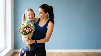 Sporty young mother and little daughter with bouquet of flowers on blue background, Mother's Day celebration, family fitness, love and cheerful portrait, natural colors, clean composition, useful copy