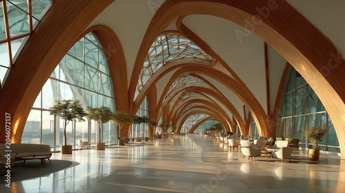 Low angle shot of a futuristic museum exterior with curved metal panels, golden ratio alignment, cool daylight and subtle reflection of sky.
