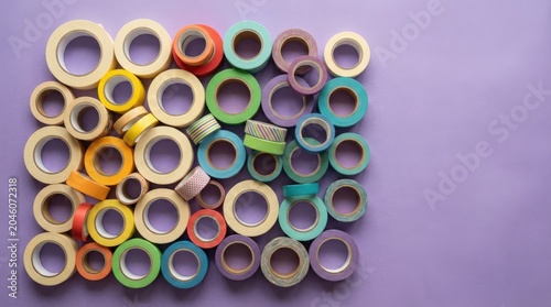 Many rolls of different masking tape on purple background, many rolls of masking tape on purple background, craft supply flat lay, colorful adhesive materials, office and DIY concept, copy space,