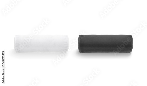 Blank black and white bolster pillow mockup png, transparent background, 3d rendering. Empty orthopedic pad holder for sleep or massage mock up cut out. Clear fabric cervical cushion roll template.