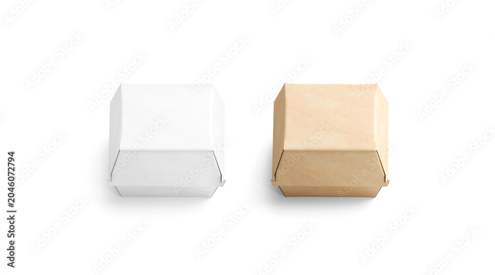 Obraz premium Blank craft and white burger box mockup png, transparent background, 3d rendering. Empty fast food package mock up cut out. Clear portable carton container for cheeseburger or chicken wings template.