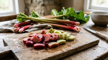 Fresh rhubarb slices on wooden surface with stems in background, natural light, Raw organic rhubarb close up, vibrant red green texture, organic produce, farm harvest, healthy cooking ingredient,