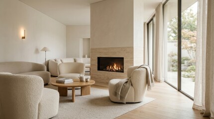 Minimalist wellness lounge with fireplace, serene interior for spa, hospitality and luxury lifestyle campaigns, soft seating, calm neutral palette, clean architecture, warm ambient glow, refined