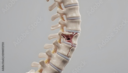 Broken spine in a medically accurate 3D render with clear vertebra segmentation