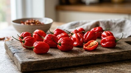 Red habanero peppers arranged on wooden board close view, fresh chili pods, natural food styling with soft depth, natural composition, minimal rustic styling, soft natural light, shallow depth of