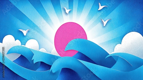 Vibrant Sunrise Over Ocean Waves with Stylized Elements and Texture