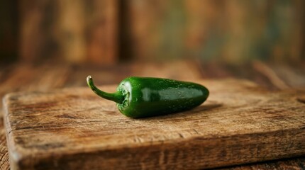 Single jalapeno pepper on wooden surface with blurred warm background and soft light, Fresh chili, spicy ingredient, minimal composition, rustic style, organic produce, farm harvest, healthy cooking